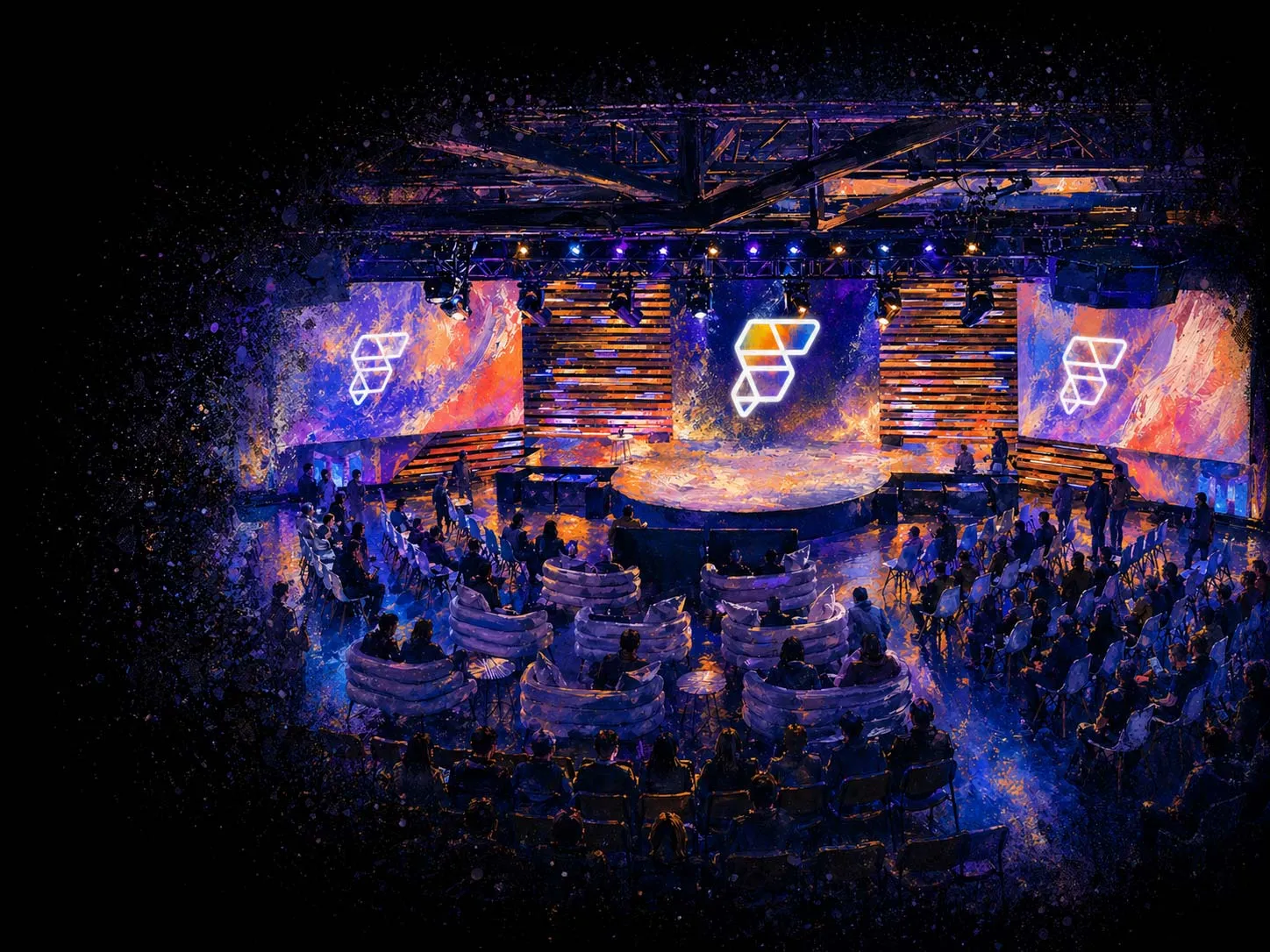 The FFDC main stage with attendees gathered in front of a glowing screen